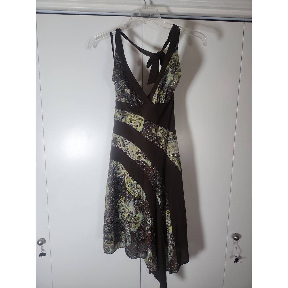 A. Byer Halter Dress Brown Green Abstract Vintage Size Small Y2K Embellished